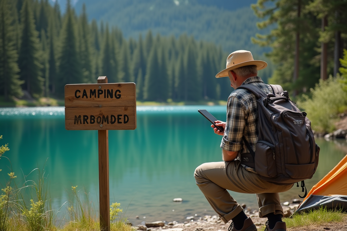 Homme préparant tente au bord d’un lac en forêt