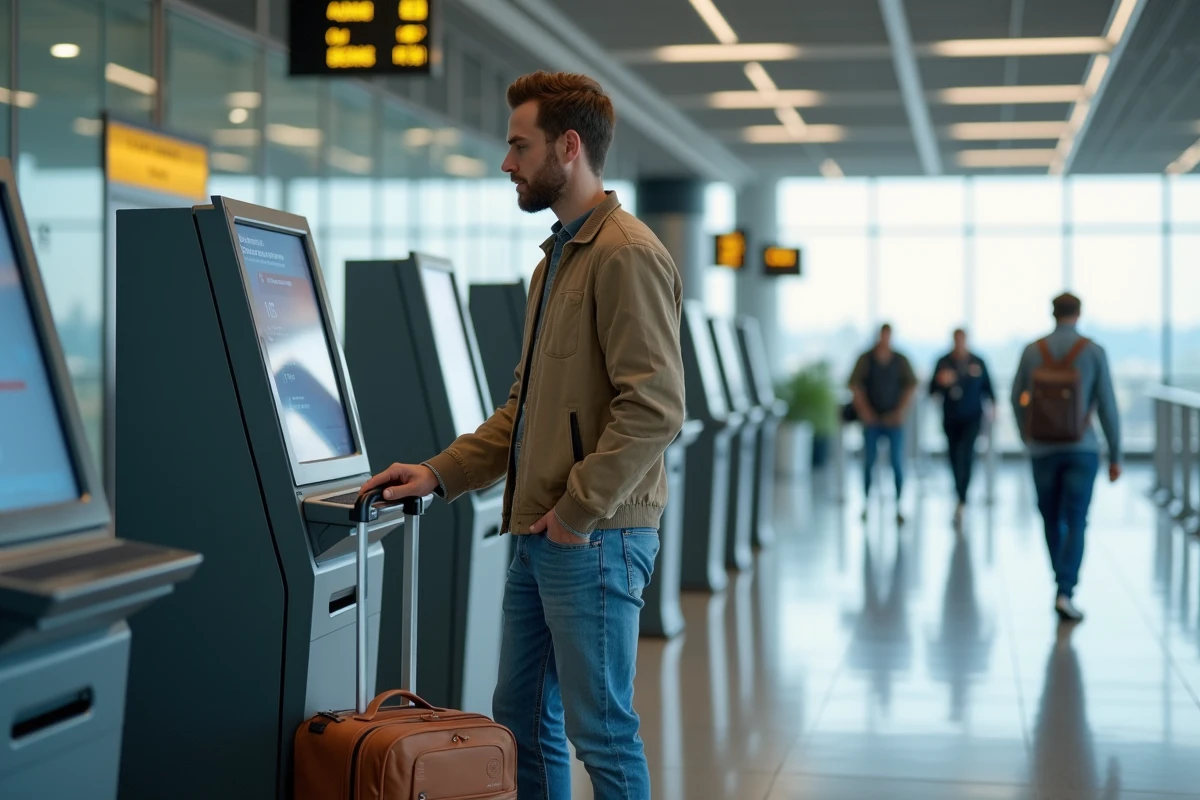 Jeune homme vérifiant sa valise au kiosque aéroport