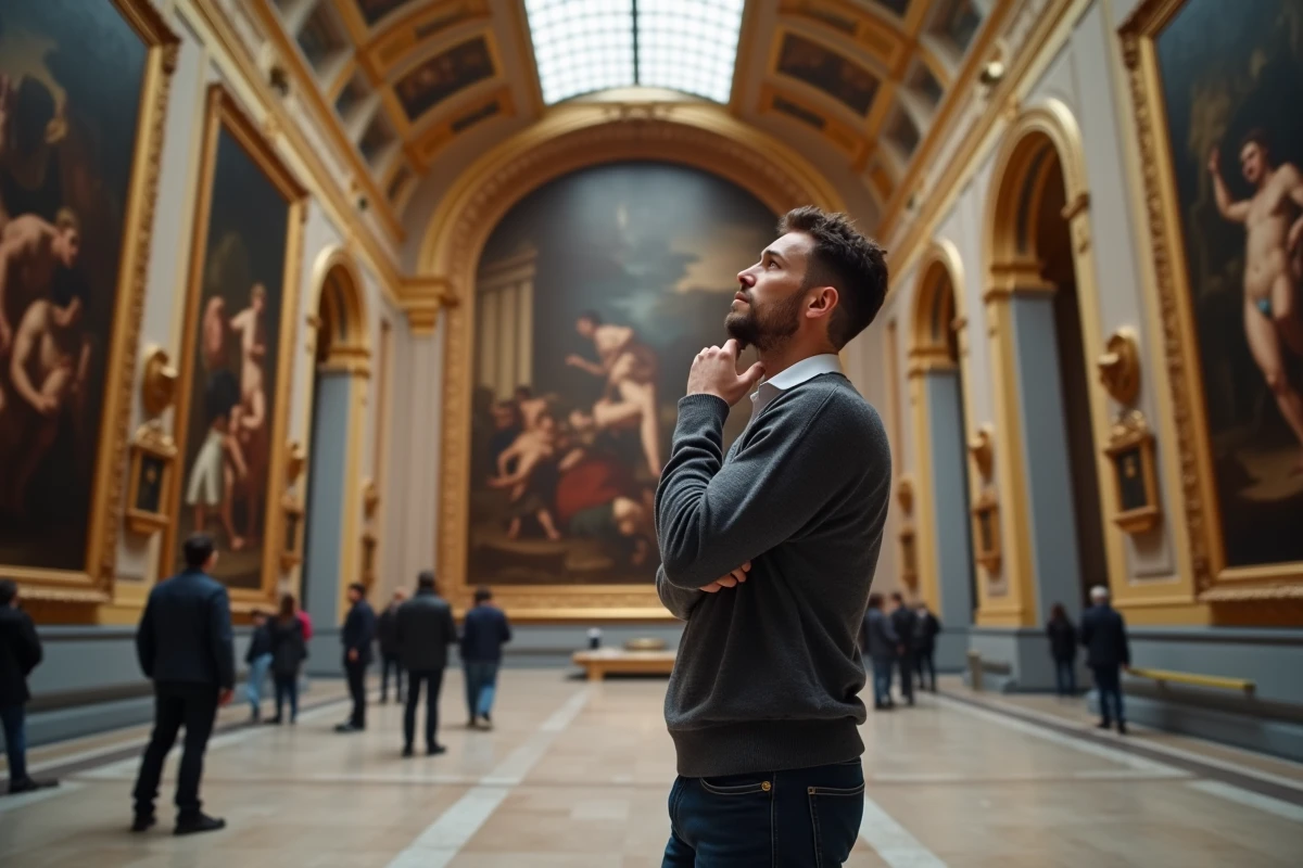 Homme contemplant une grande peinture dans les galeries du Kunsthistorisches Museum de Vienne lors d'une première visite culturelle