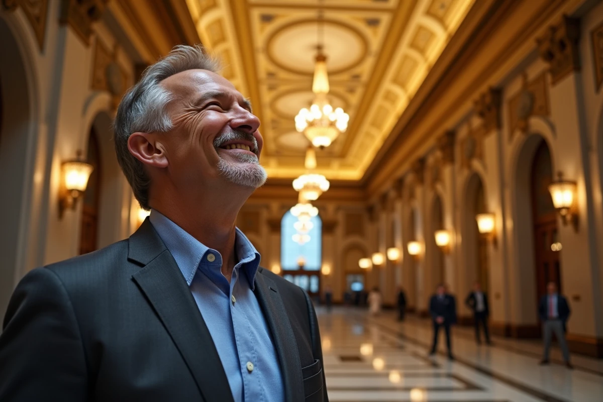 Homme dans le lobby admirant la mosaïque dorée