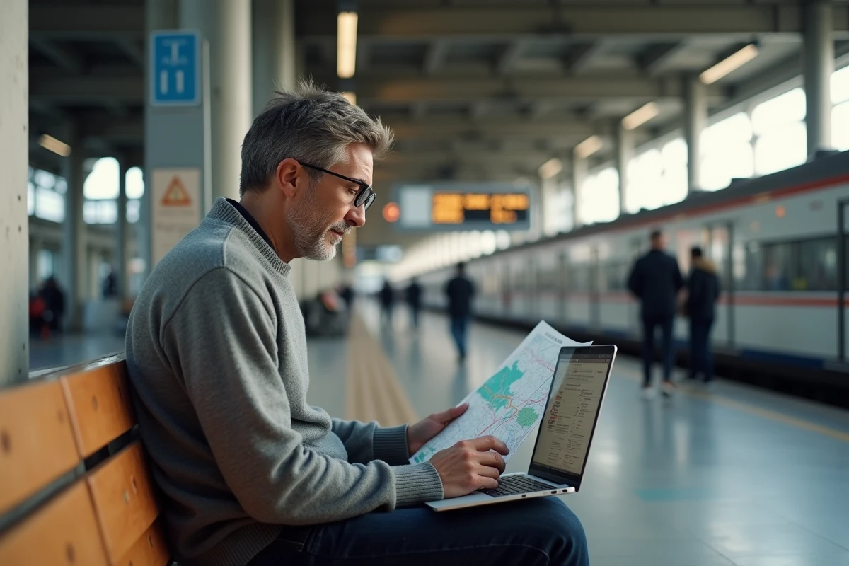 Homme planifiant un itinéraire avec Mappy sur ordinateur portable dans une grande gare ferroviaire française