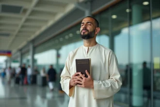 Homme musulman priant à l'aéroport en ihram