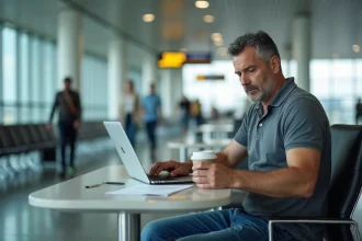 Homme d'âge moyen travaillant à l'aéroport avec son ordinateur portable