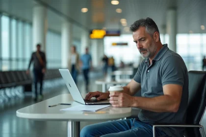 Homme d'âge moyen travaillant à l'aéroport avec son ordinateur portable