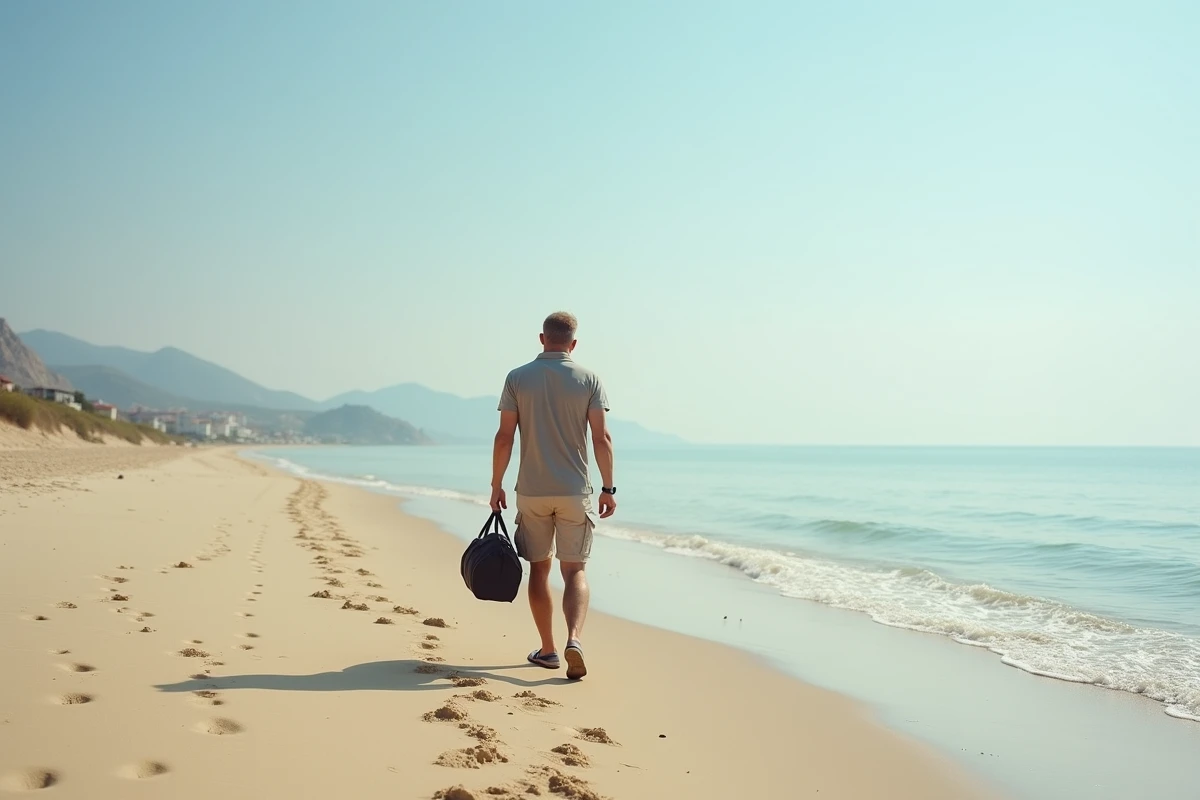 Homme seul marchant sur la plage calme en voyage