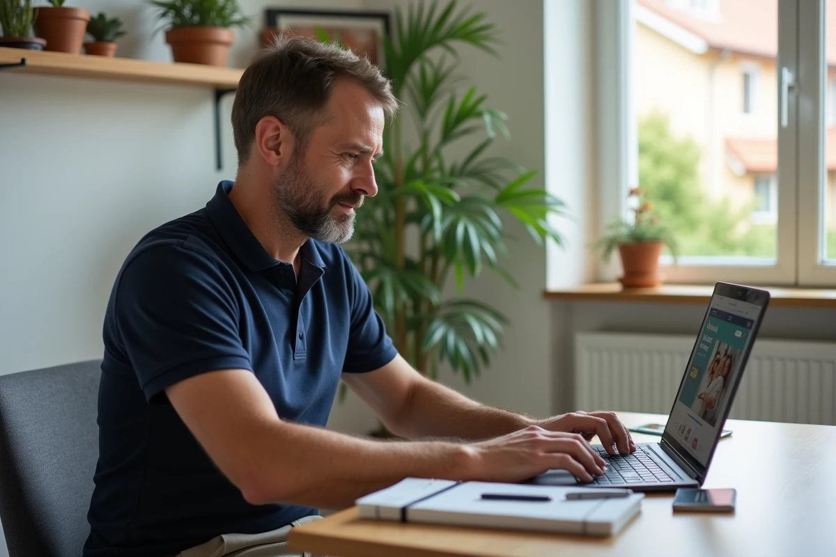 Homme planifiant ses vacances en famille sur Get Your Guide Français depuis son bureau à domicile