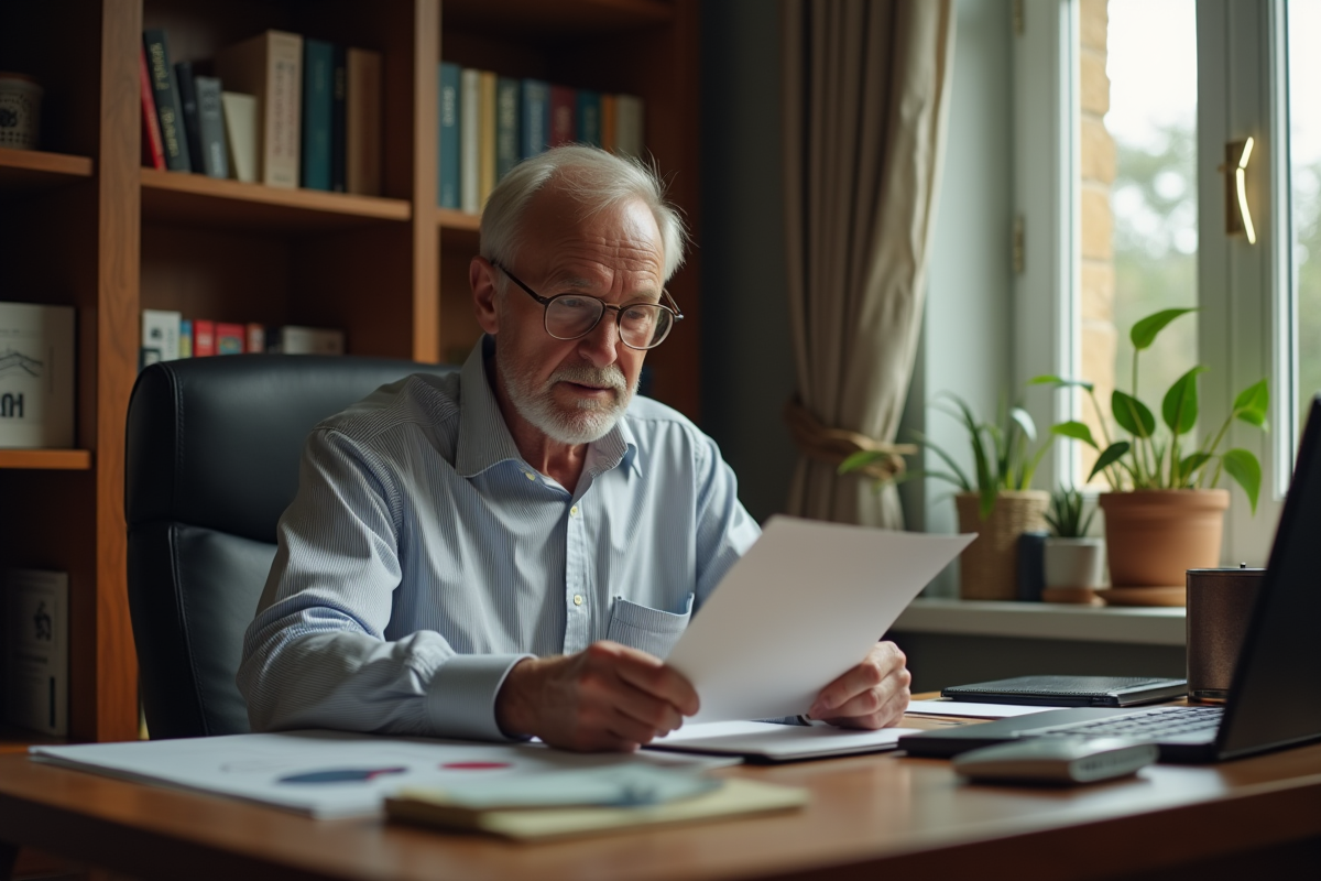 Homme âgé vérifiant ses documents de voyage dans un bureau