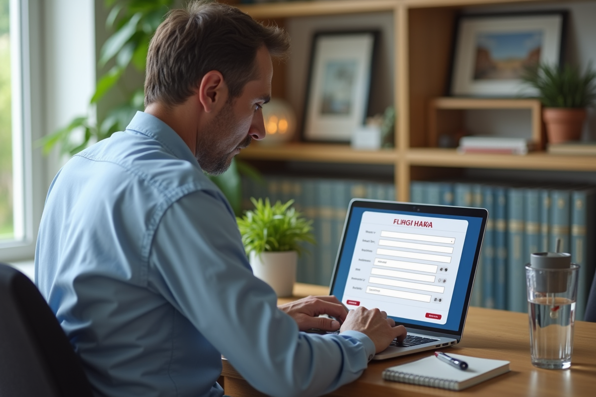 Homme remplissant un formulaire de réservation de vol sur son ordinateur