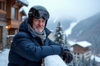 Homme d age moyen en veste de ski luxe sur une terrasse enneigee