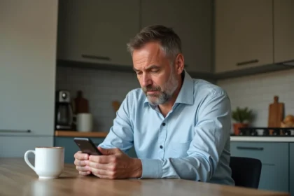 Homme d'âge moyen regardant son smartphone avec inquiétude
