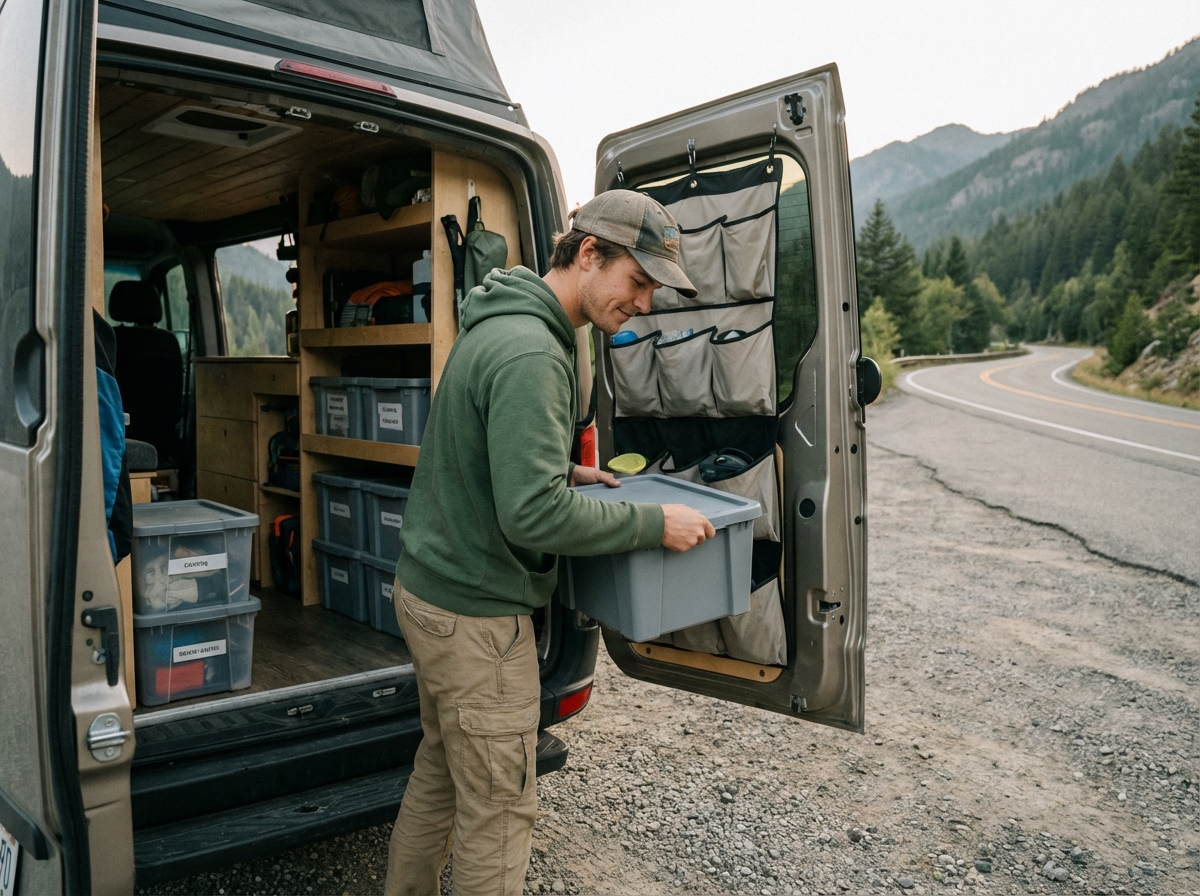 Homme chargeant ses équipements dans un van en montagne