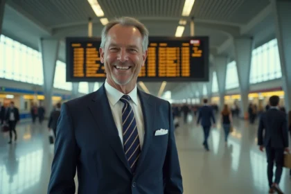 Homme d age en costume navy devant panneau depart vintage