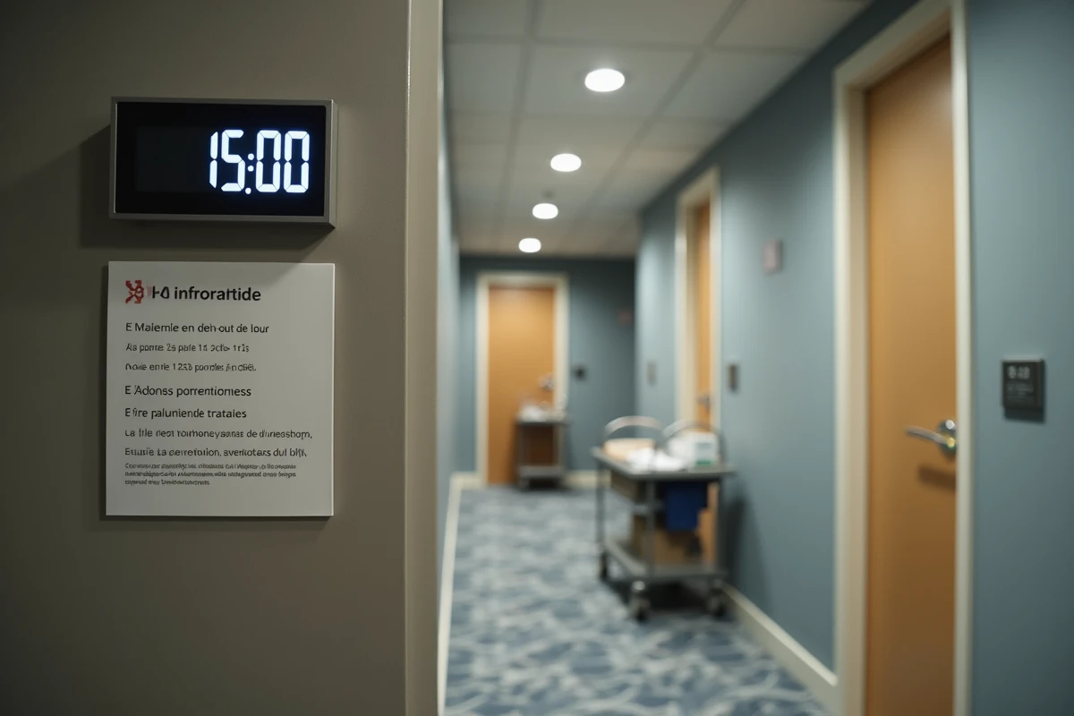 Panneau d'informations sur les horaires et conditions d'annulation affiché dans le couloir d'un hôtel ibis