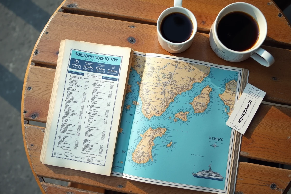 Vue de dessus d'une table avec brochures horaires de ferry, billet et carte de l'île de Porquerolles