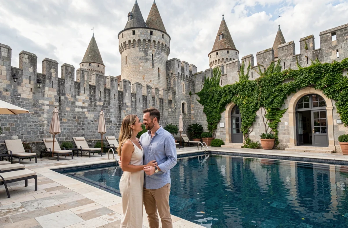 Piscine de l'Hôtel de la Cité MGallery à Carcassonne avec vue sur les remparts médiévaux de la Cité