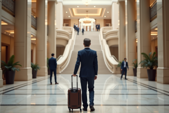 Homme d'affaires dans un hôtel de luxe admire le lobby