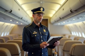 Inspecteur de sécurité aérienne vérifiant des documents à bord d'un avion Etihad Airways