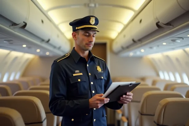 Inspecteur de sécurité aérienne vérifiant des documents à bord d'un avion Etihad Airways