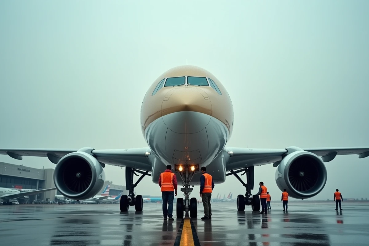 Équipe au sol inspectant le fuselage et le train d'atterrissage d'un avion Etihad Airways sur le tarmac