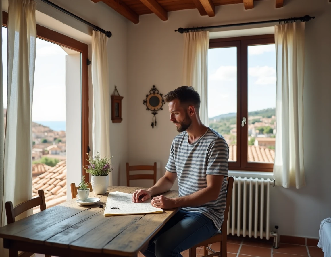 Homme découvrant un appartement de location saisonnière côtier près de Pise avec vue sur les toits et la mer depuis la fenêtre