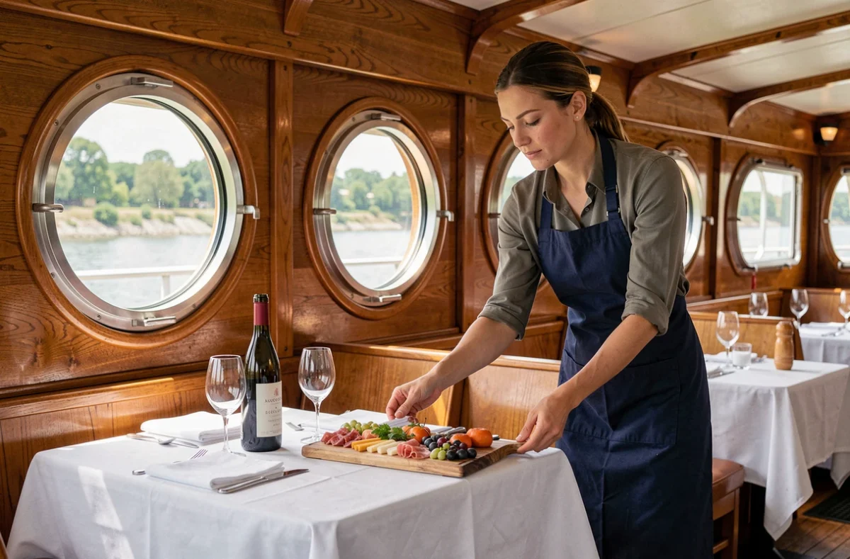 Intérieur élégant d'un bateau de croisière sur la Garonne avec dégustation de vin bordelais
