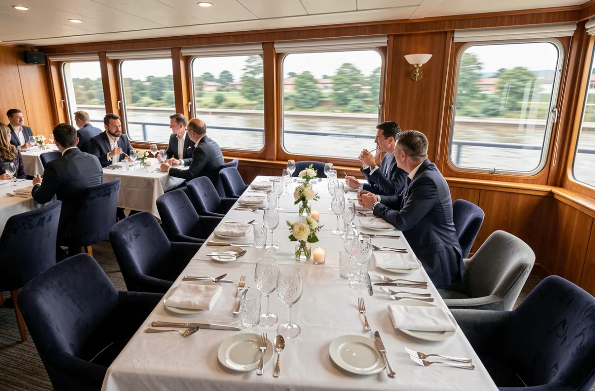 Salle à manger élégante d'un bateau de croisière fluviale avec table dressée et vue panoramique sur le fleuve