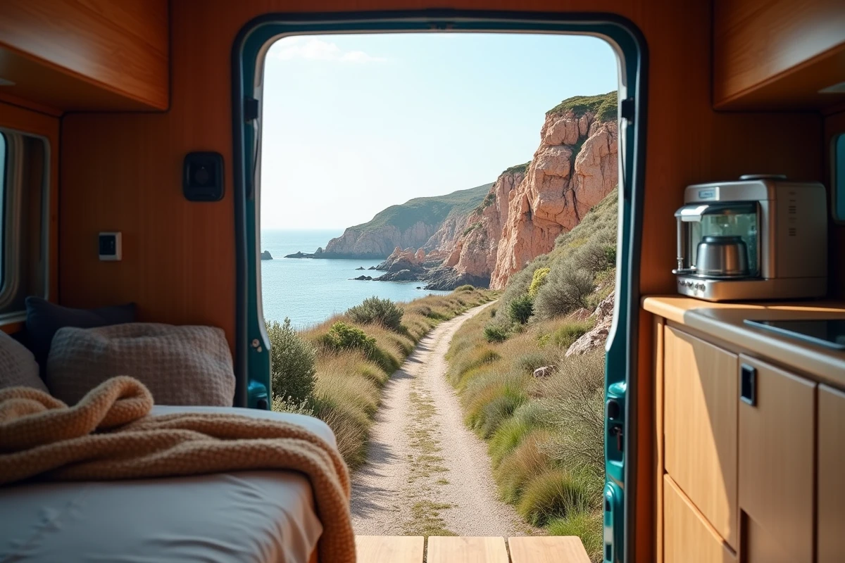 Intérieur cosy d'un van aménagé avec vue sur le sentier des douaniers et les falaises de granit rose près de Perros-Guirec