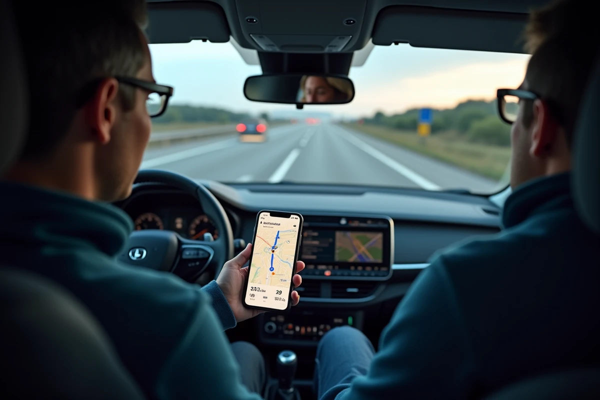 Homme dans une voiture consultant un itinéraire numérique en Normandie avec péages affichés