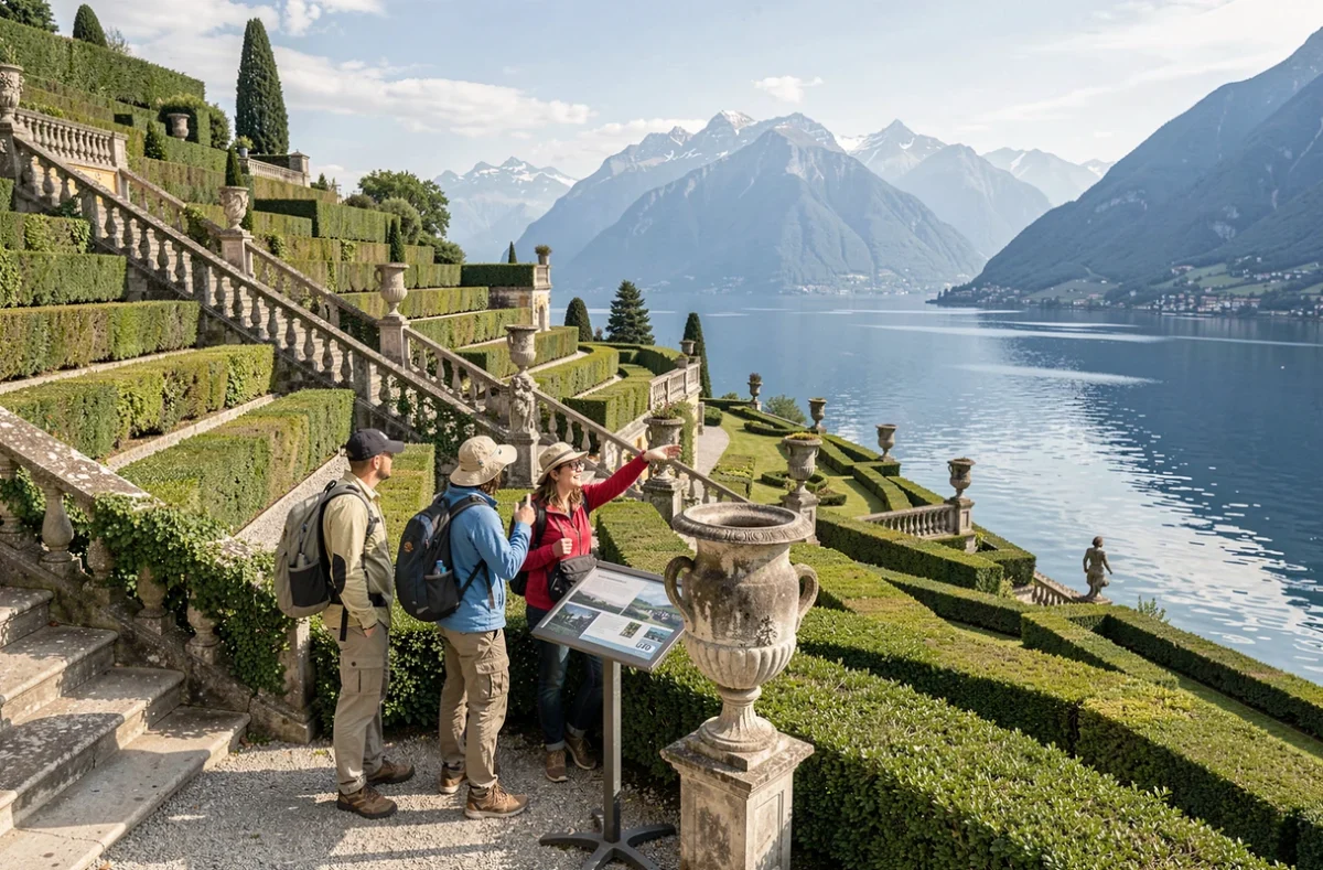 Groupe de touristes découvrant les jardins en terrasses de la Villa del Balbianello, décor emblématique de Star Wars sur le lac de Côme