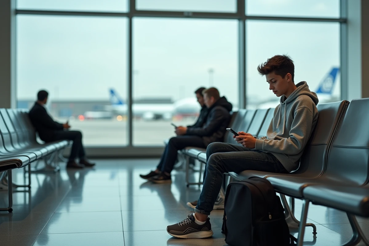 Jeune adolescent de 16 ans assis seul dans une salle d'attente d'aéroport français consultant son téléphone avant un vol intérieur