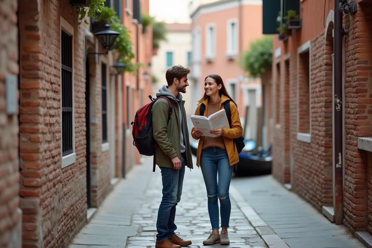 Jeune couple souriant avec carte dans une rue de Venise