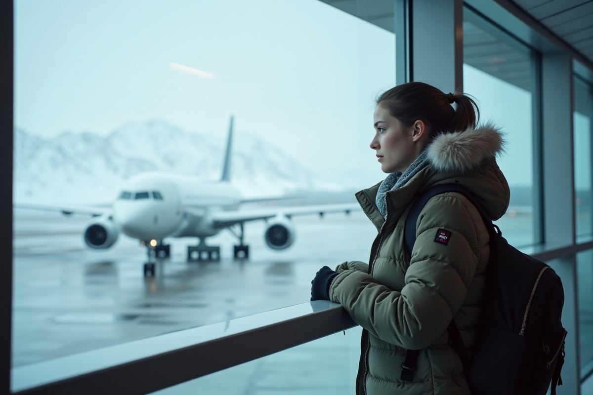 Jeune voyageuse regardant un avion dans un terminal enneige