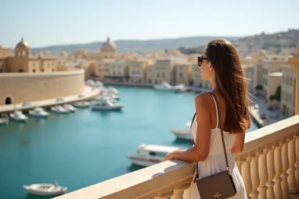 Jeune femme regardant la côte maltaise depuis un balcon