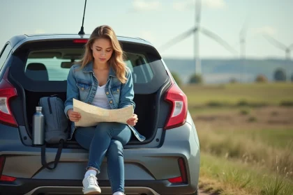 Jeune femme en denim studieux sur une route européenne