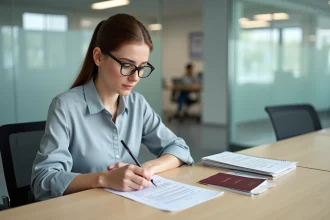 Jeune femme remplissant une demande de permis de conduire à un guichet
