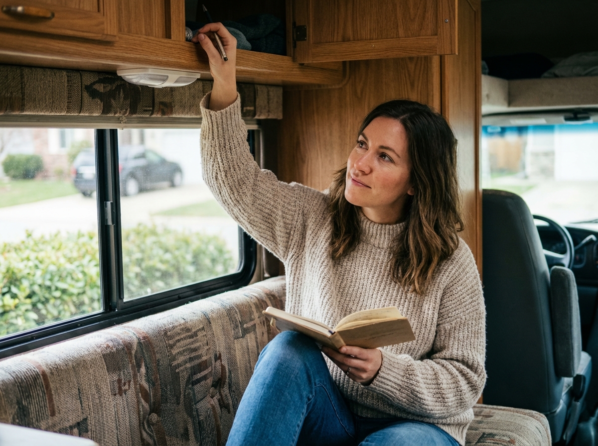 Femme inspectant l’intérieur d’un camping-car avec notes