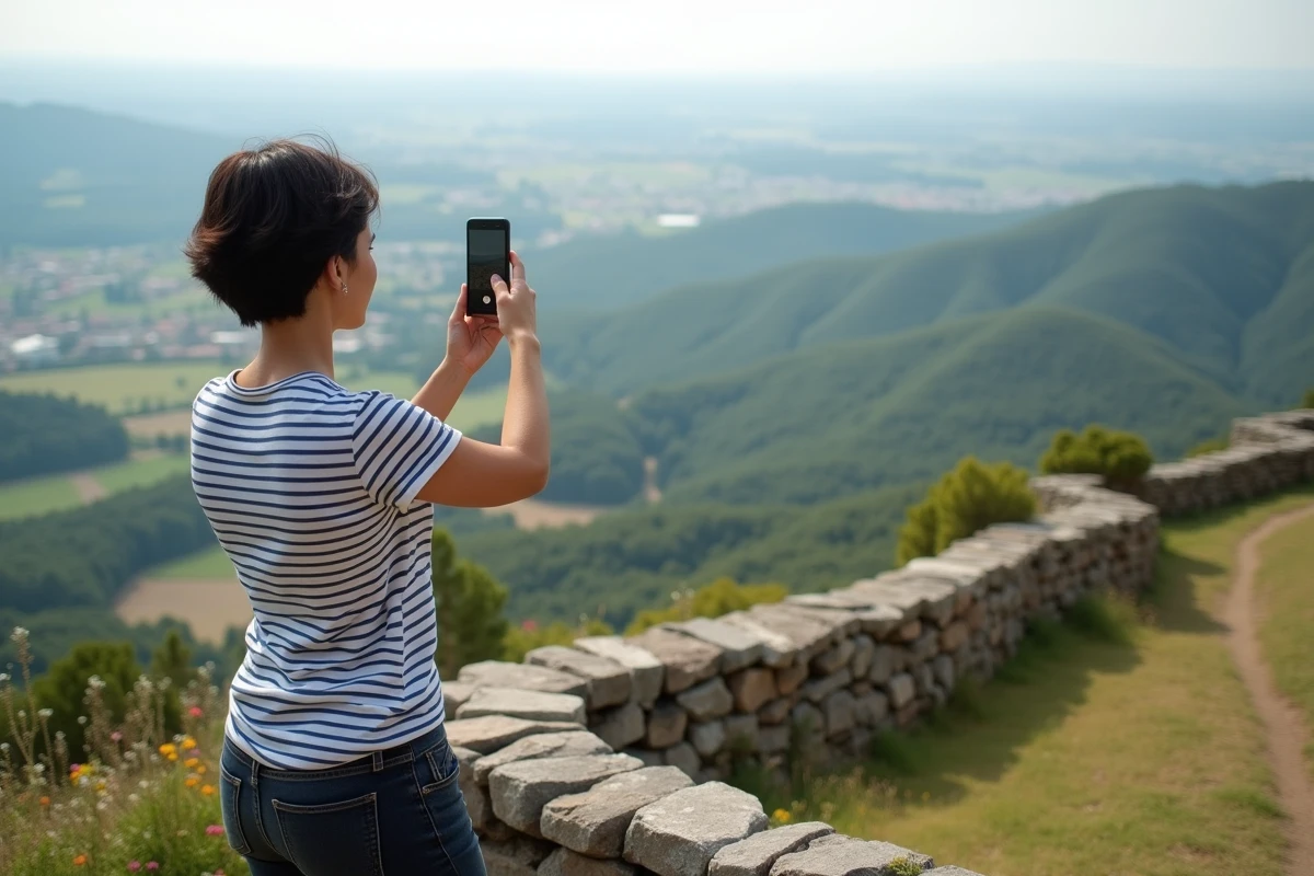 Jeune femme photographiant le panorama du site historique d'Alésia depuis un point de vue élevé en Bourgogne