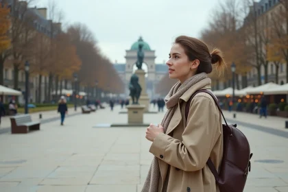 Jeune femme avec une carte à la Place de la Republique