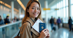 Jeune femme souriante tenant des chèques voyage Air France à l'aéroport