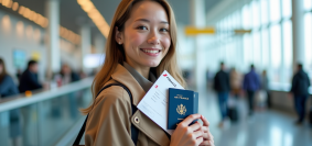 Jeune femme souriante tenant des chèques voyage Air France à l'aéroport