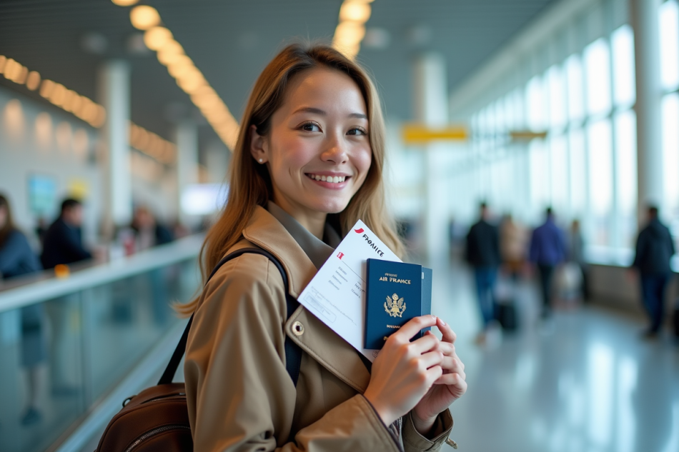Jeune femme souriante tenant des chèques voyage Air France à l'aéroport