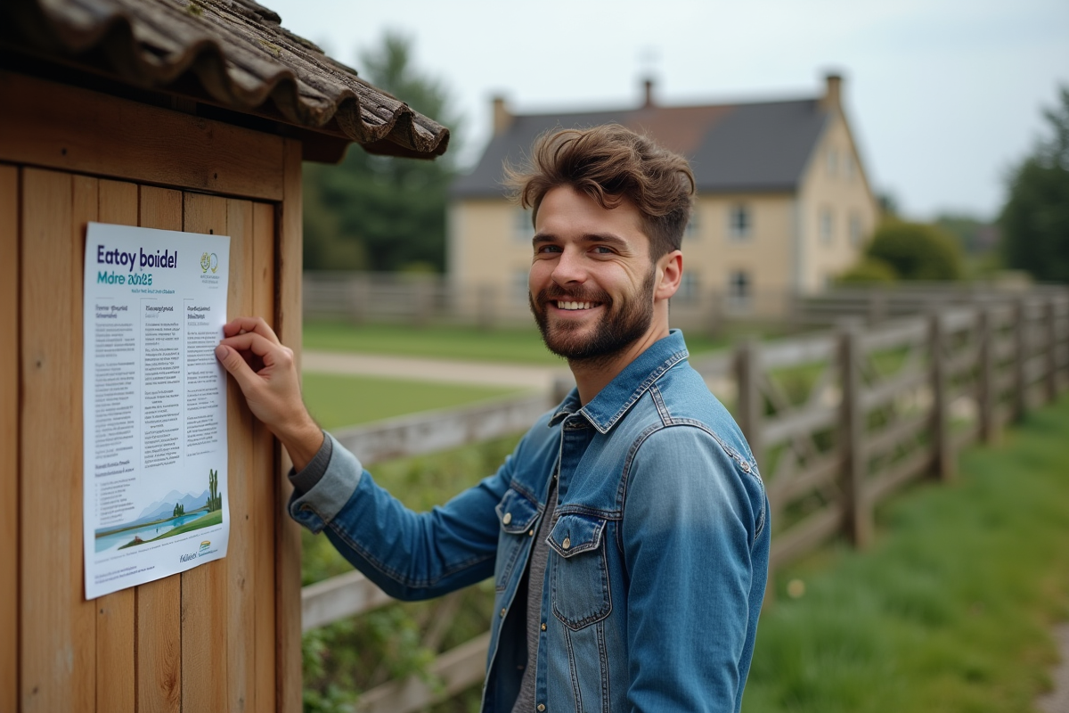 Jeune homme accrochant flyer sur tableau communautaire