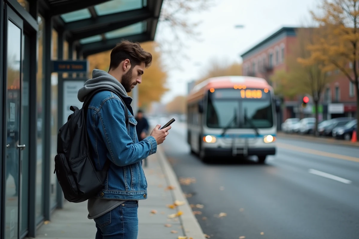 Jeune homme attendant le bus dans la rue automnale