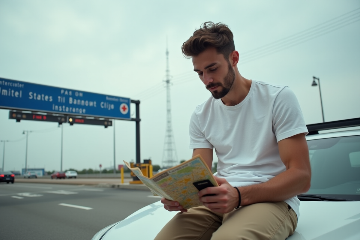Jeune homme examinant permis et carte devant panneau frontière
