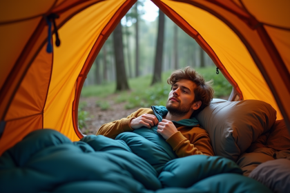 Jeune homme en camping dans une tente en forêt
