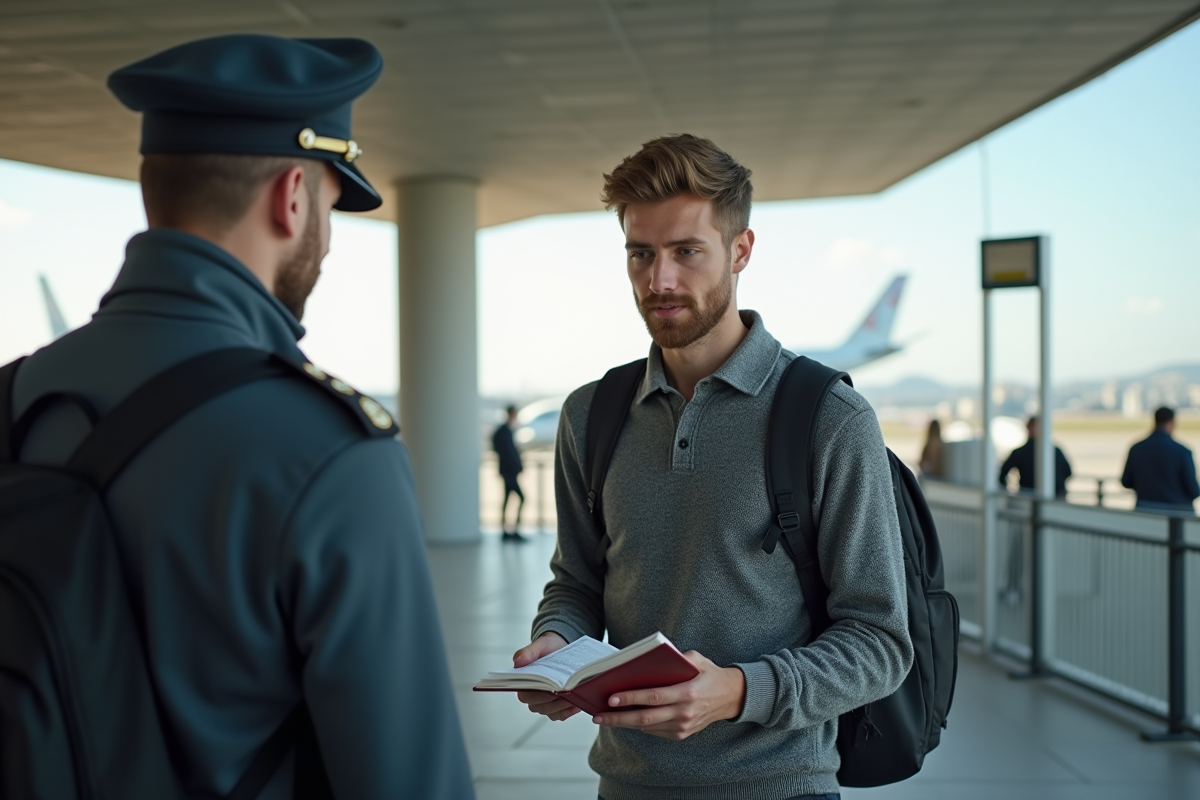 Jeune homme présentant son passeport à la frontière