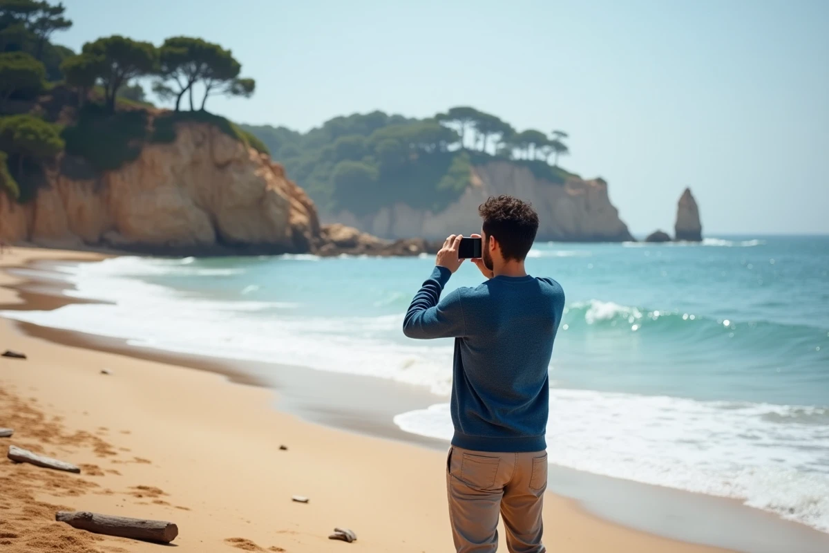 Jeune homme prenant une photo sur une plage tranquille près de Palma