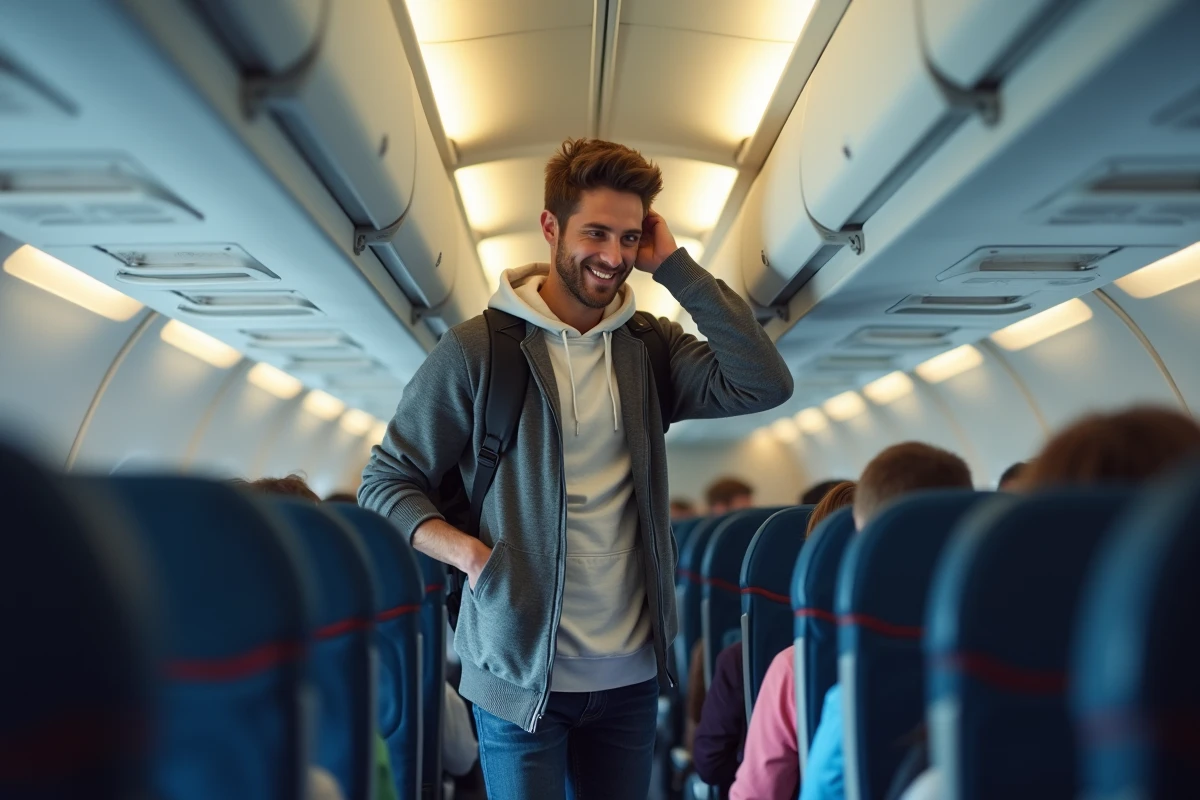 Jeune homme rangeant son bagage dans l