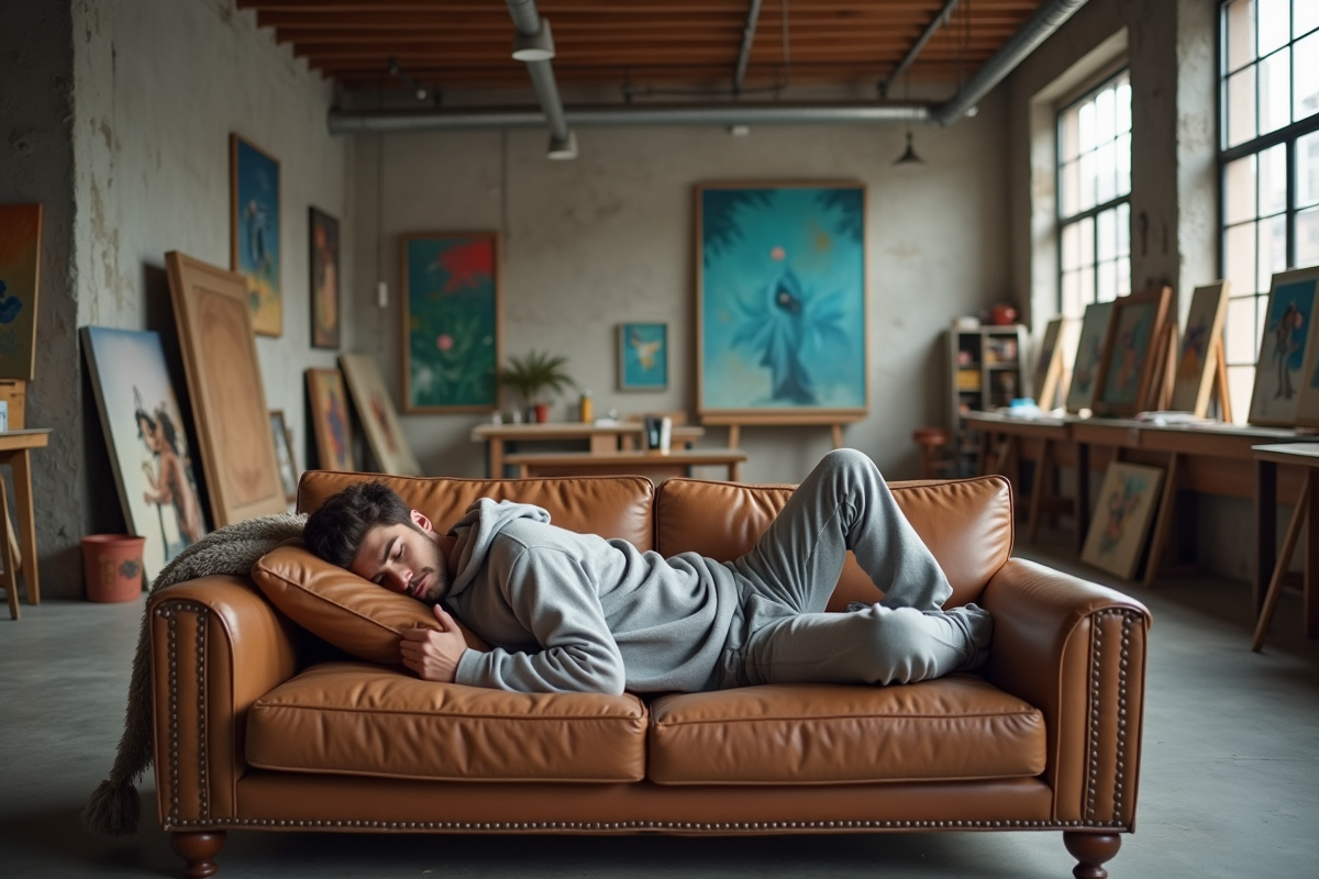 Jeune homme dormant dans un atelier d