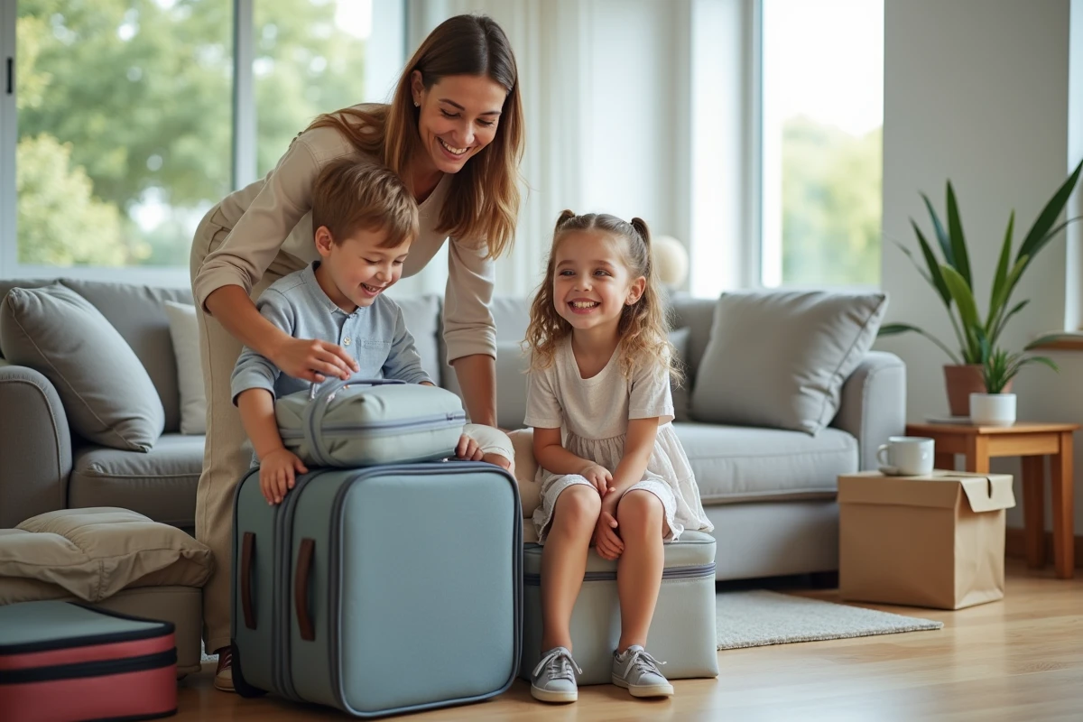 Mere et enfants déballant valises dans salon lumineux
